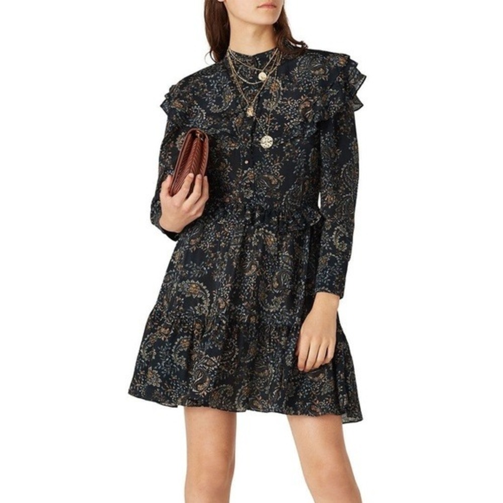 NICHOLAS Elsie Paisley Mini Dress Size 6 Black Ruffle Boho Chic Dark Academia